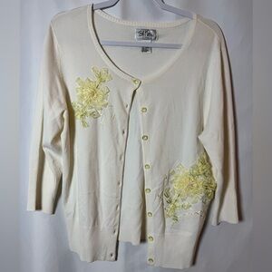 Bob Mackie 3/4 Sleeve Cardigan Off White With Yellow Flower Detail L